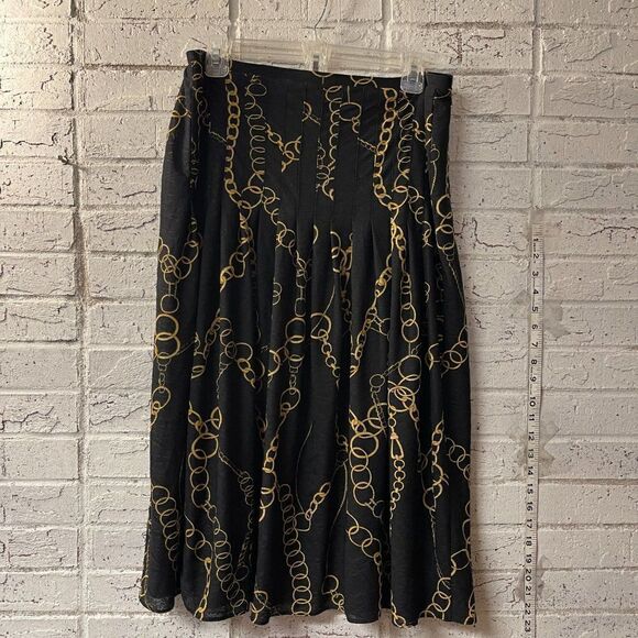 Jones New York Collection Skirt  Black Gold Chains Midi Pleated Modest Petite L - Picture 4 of 7